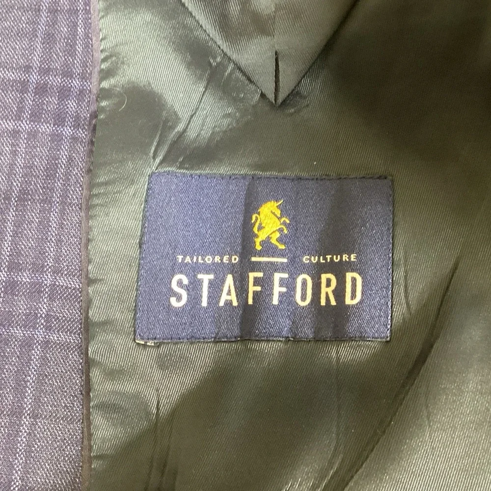 Stafford Mens Blue Plaid Sport Coat 46R Wool Blend Classic Fit Blazer Preppy